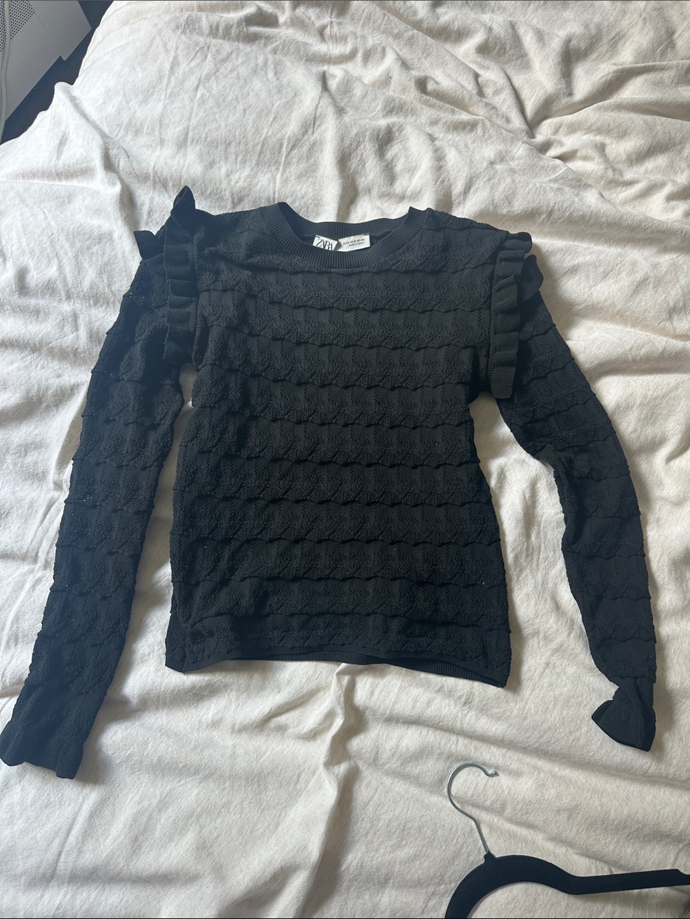 Zara Black Ruffled-Shoulder Textured Long Sleeve Top